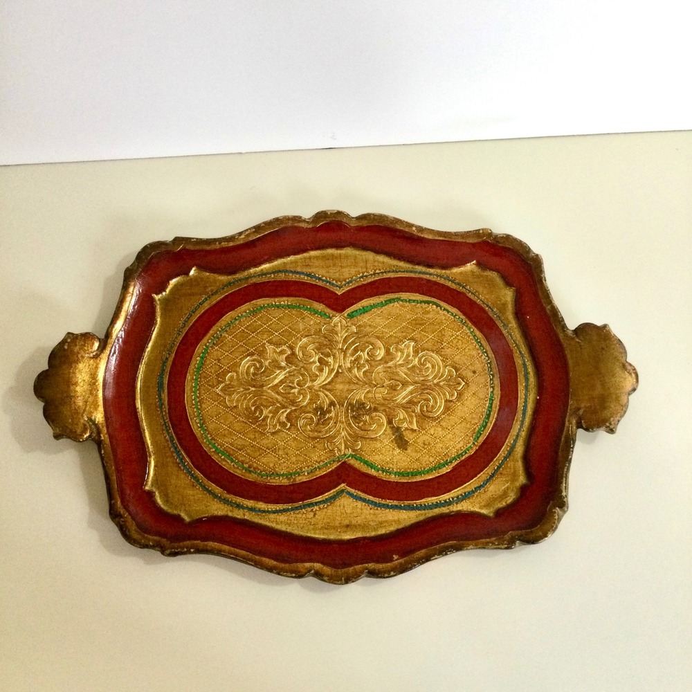 Vintage Florentine Wood Tray Gold Leaf Red Hand Painted Italian Scalloped 13.5in